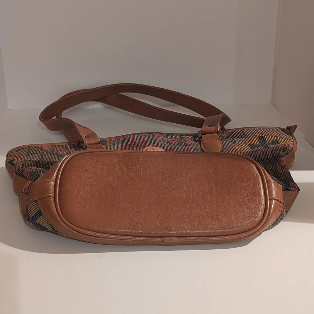 Vintage Tote Bag Southwestern Tapestry Leather Trim Aztec Pattern Boho Style